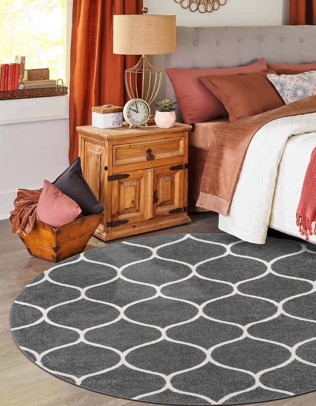Dark Gray 3' 1 x 3' 1 Trellis Frieze Round Area Rug Geometric Modern Unique Stain Resistant Easy Clean Carpet for Living, Dining, Bedrooms, Office for Sale at Rug Engine