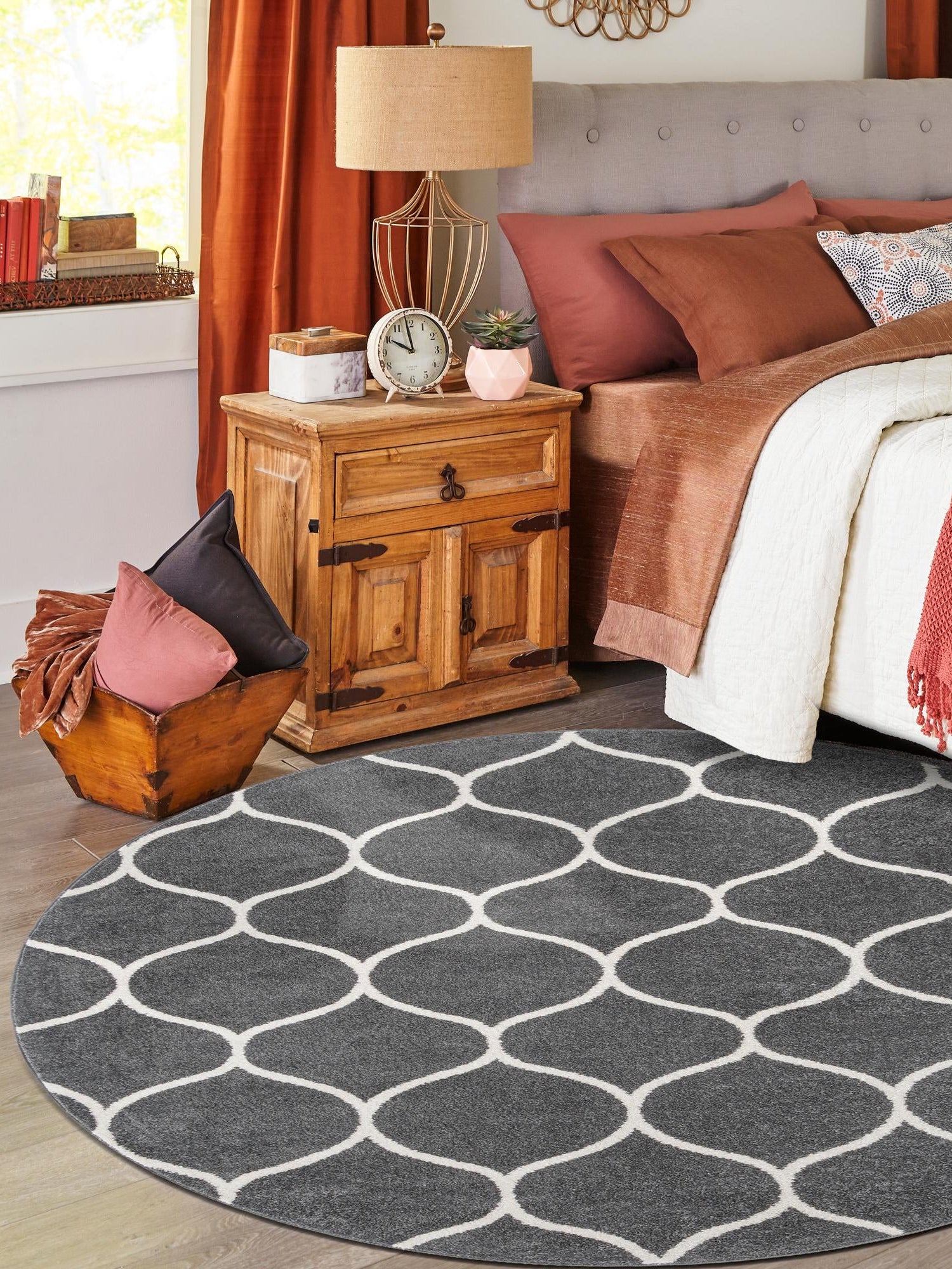Dark Gray 4' 1 x 4' 1 Trellis Frieze Round Area Rug Geometric Modern Unique Stain Resistant Easy Clean Carpet for Living, Dining, Bedrooms, Office for Sale at Rug Engine