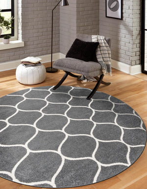 Dark Gray 3' 1 x 3' 1 Trellis Frieze Round Area Rug Geometric Modern Unique Stain Resistant Easy Clean Carpet for Living, Dining, Bedrooms, Office for Sale at Rug Engine