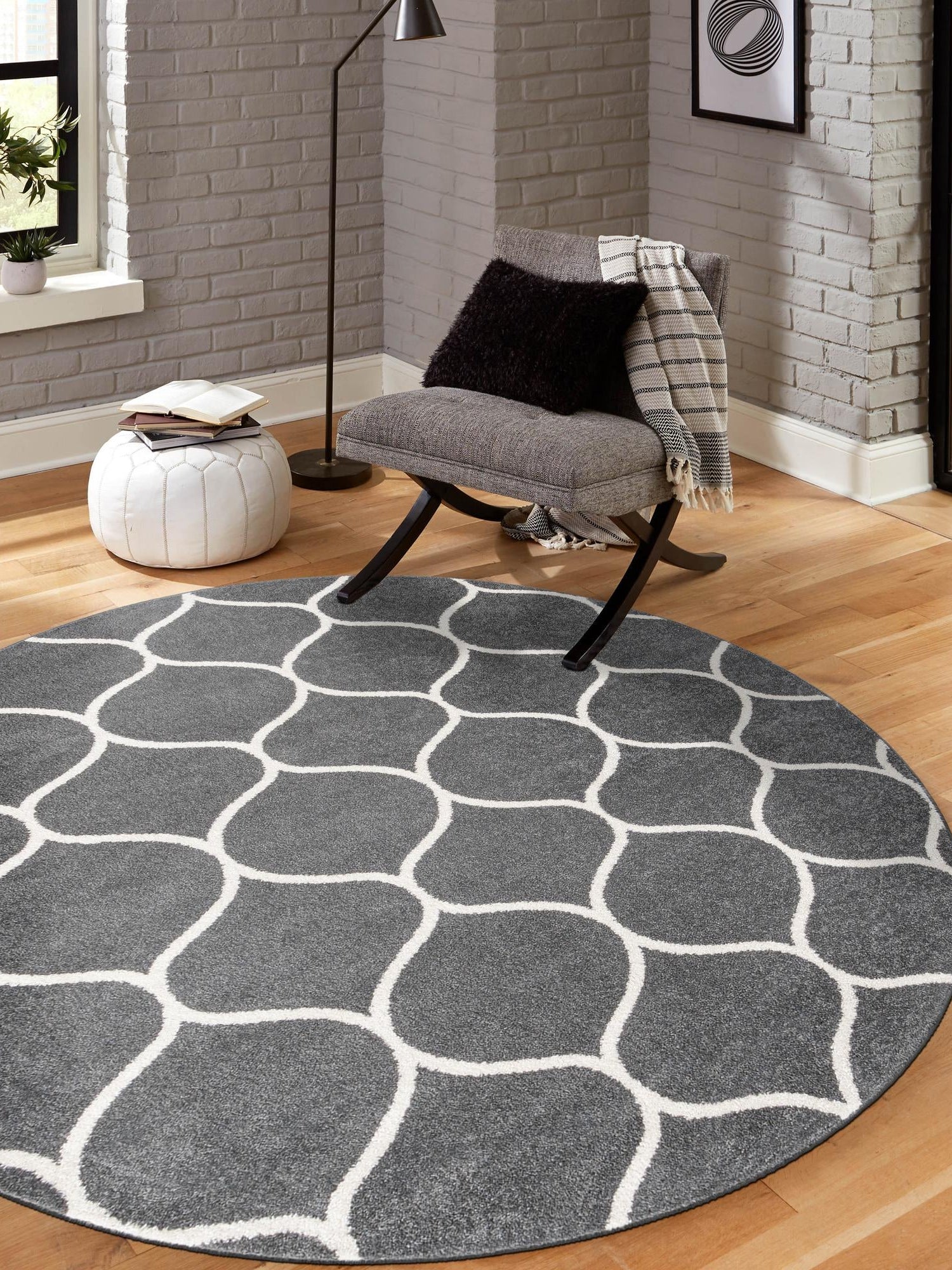 Dark Gray 4' 1 x 4' 1 Trellis Frieze Round Area Rug Geometric Modern Unique Stain Resistant Easy Clean Carpet for Living, Dining, Bedrooms, Office for Sale at Rug Engine