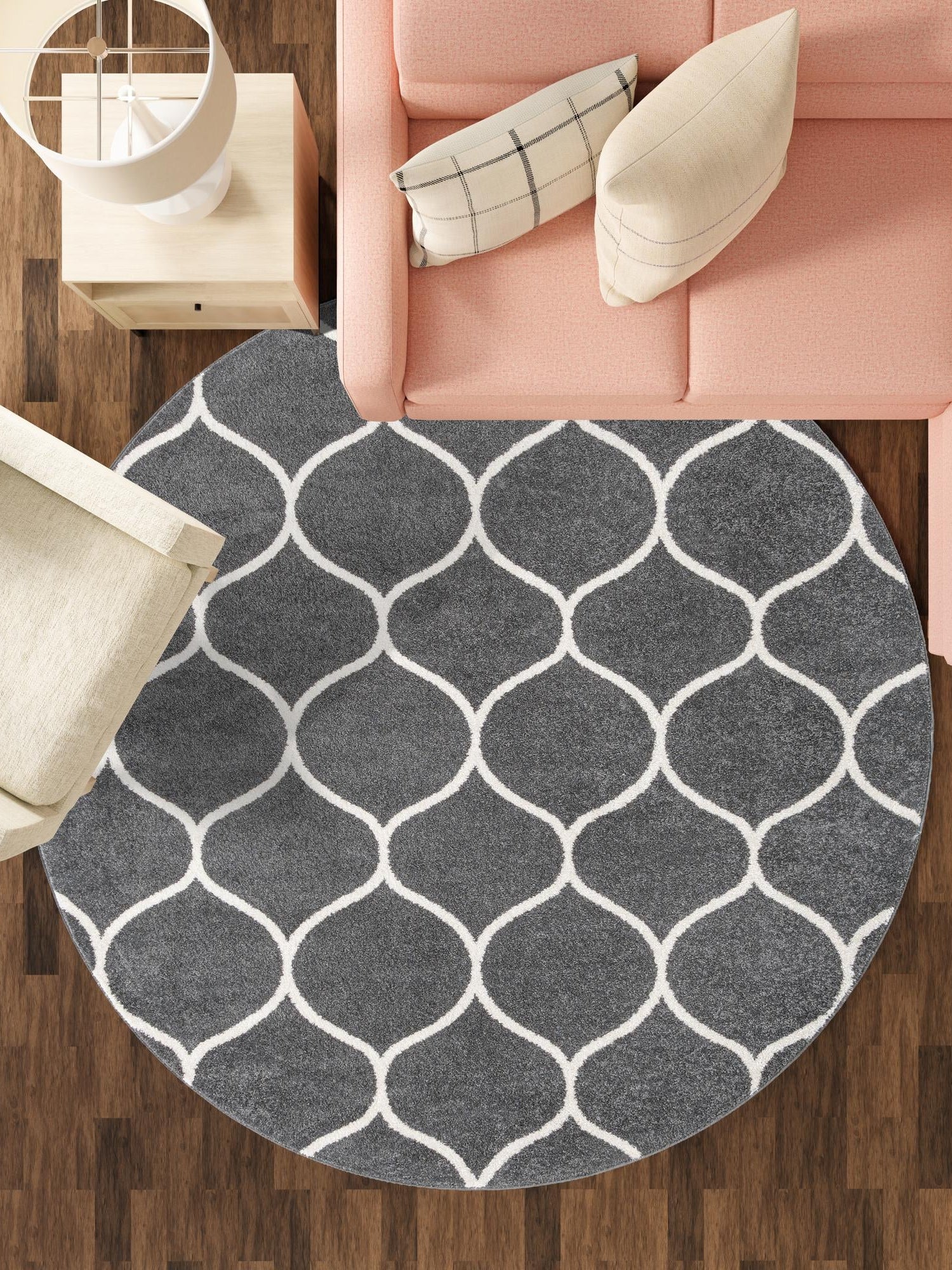 Dark Gray 4' 1 x 4' 1 Trellis Frieze Round Area Rug Geometric Modern Unique Stain Resistant Easy Clean Carpet for Living, Dining, Bedrooms, Office for Sale at Rug Engine
