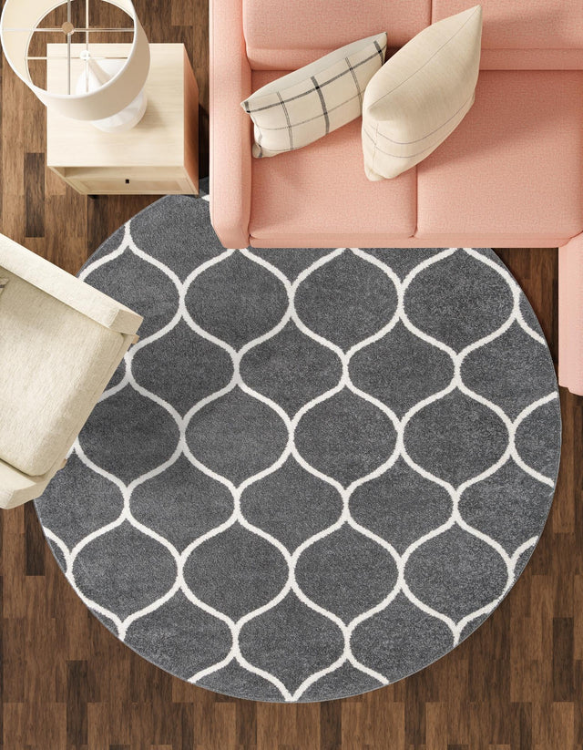 Dark Gray 4' 1 x 4' 1 Trellis Frieze Round Area Rug Geometric Modern Unique Stain Resistant Easy Clean Carpet for Living, Dining, Bedrooms, Office for Sale at Rug Engine