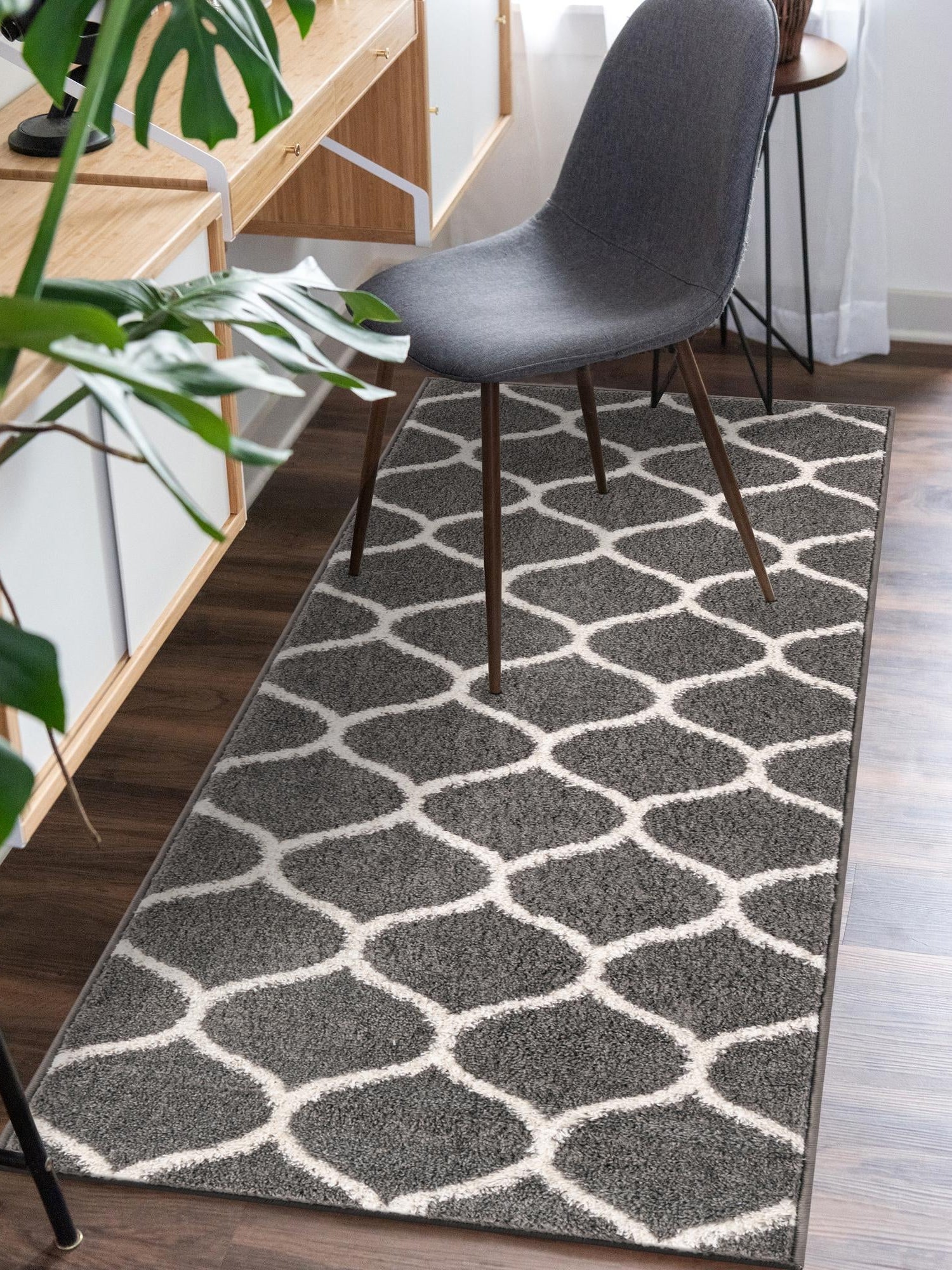 Dark Gray 2' x 10' Trellis Frieze Runner Area Rug Geometric Modern Unique Stain Resistant Easy Clean Carpet for Living, Dining, Bedrooms, Office for Sale at Rug Engine