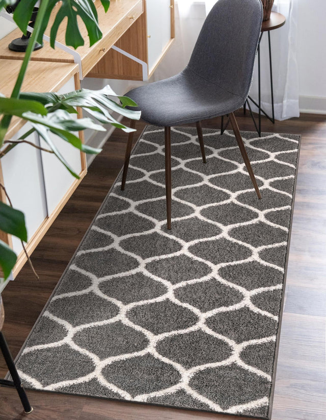 Dark Gray 2' x 10' Trellis Frieze Runner Area Rug Geometric Modern Unique Stain Resistant Easy Clean Carpet for Living, Dining, Bedrooms, Office for Sale at Rug Engine