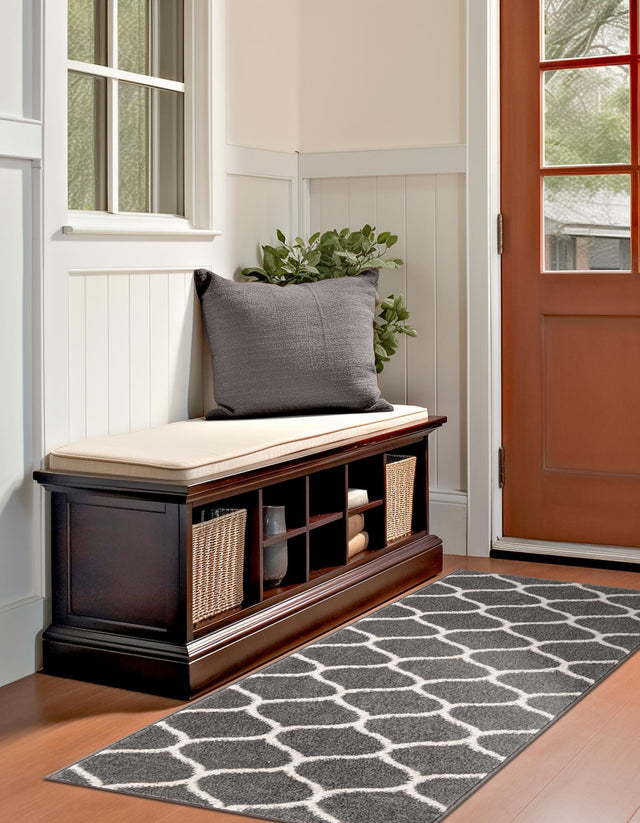 Dark Gray 2' x 10' Trellis Frieze Runner Area Rug Geometric Modern Unique Stain Resistant Easy Clean Carpet for Living, Dining, Bedrooms, Office for Sale at Rug Engine