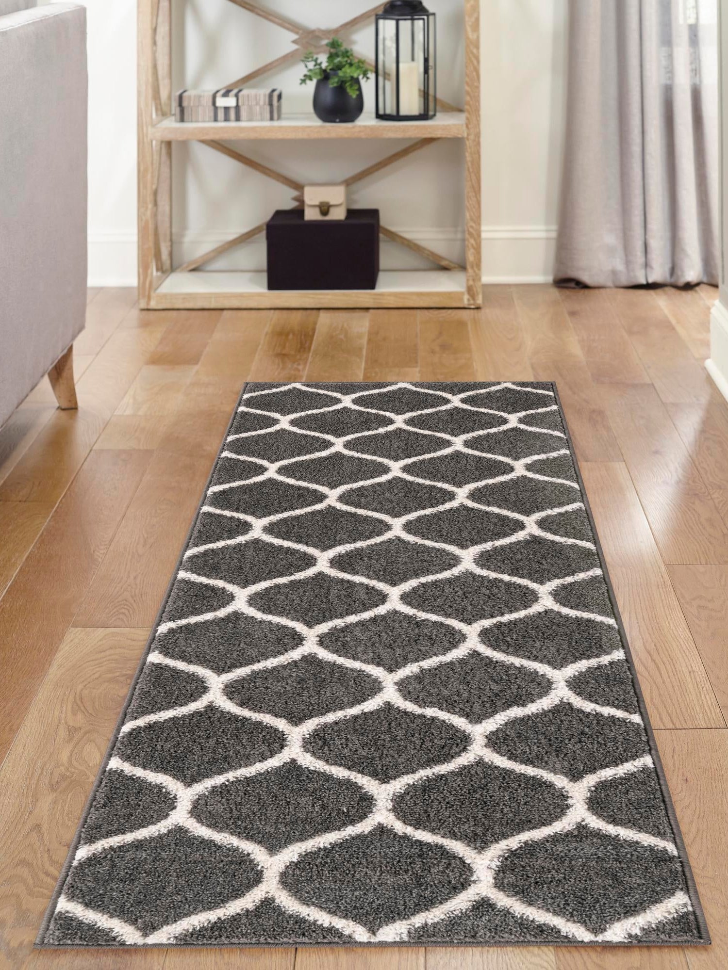 Dark Gray 2' x 10' Trellis Frieze Runner Area Rug Geometric Modern Unique Stain Resistant Easy Clean Carpet for Living, Dining, Bedrooms, Office for Sale at Rug Engine