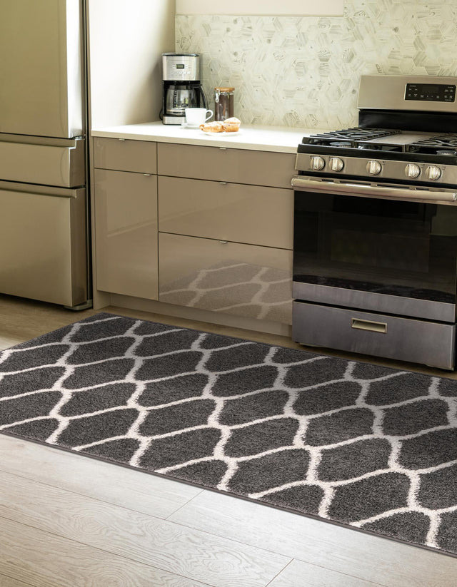 Dark Gray 2' x 10' Trellis Frieze Runner Area Rug Geometric Modern Unique Stain Resistant Easy Clean Carpet for Living, Dining, Bedrooms, Office for Sale at Rug Engine