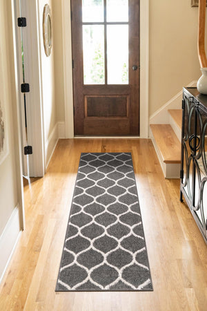 Dark Gray 2' x 10' Trellis Frieze Runner Area Rug Geometric Modern Unique Stain Resistant Easy Clean Carpet for Living, Dining, Bedrooms, Office for Sale at Rug Engine