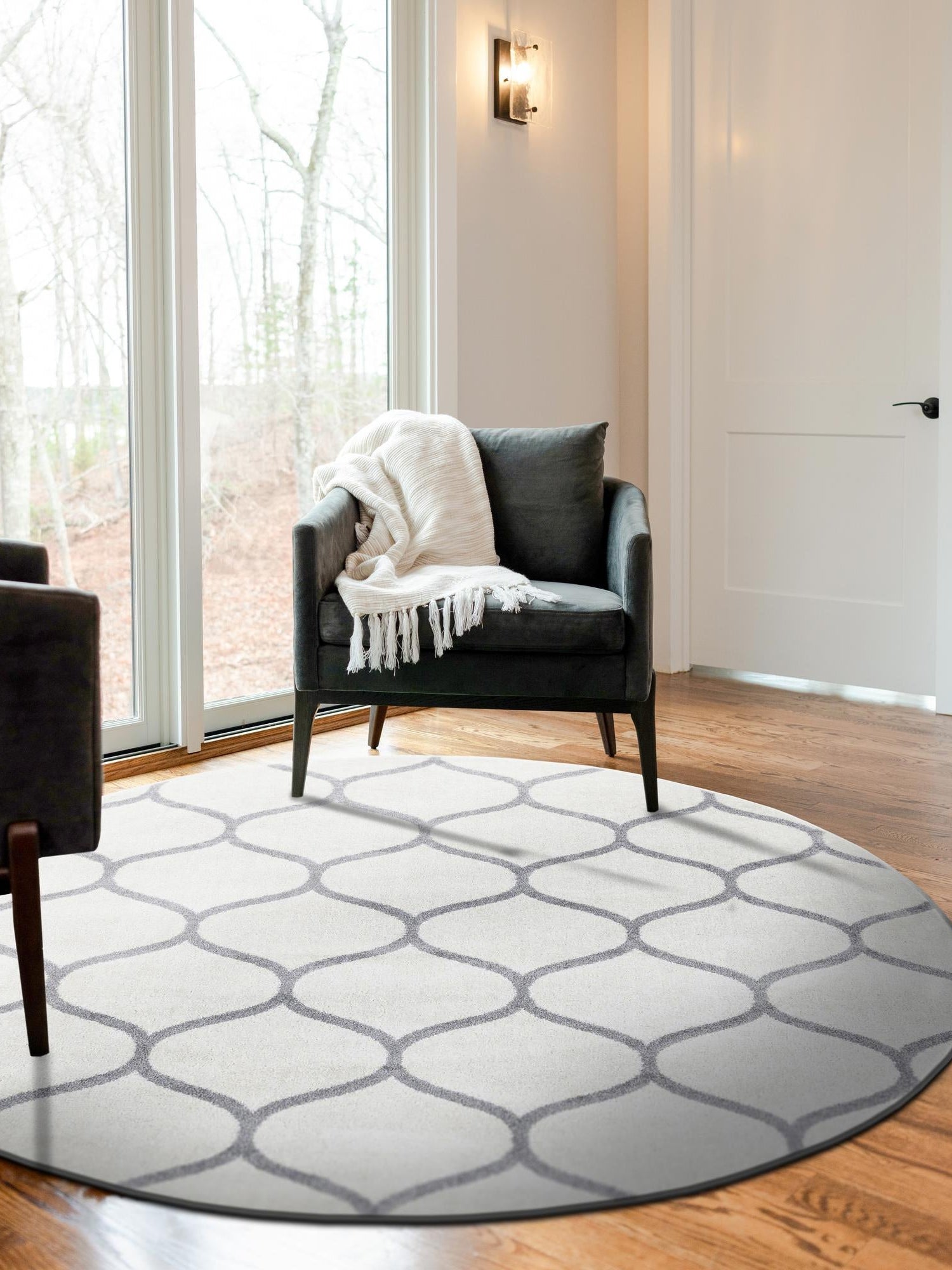 Ivory 4' 1 x 4' 1 Trellis Frieze Round Area Rug Geometric Modern Unique Stain Resistant Easy Clean Carpet for Living, Dining, Bedrooms, Office for Sale at Rug Engine
