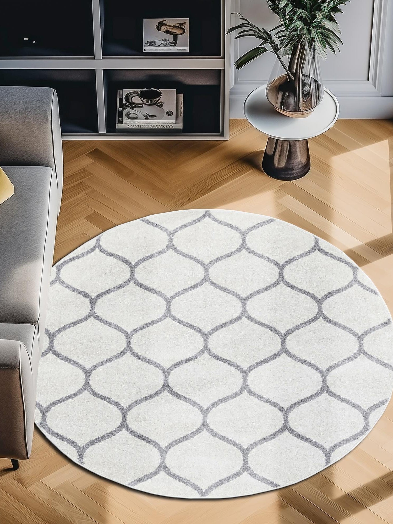 Ivory 7' 1 x 7' 1 Trellis Frieze Round Area Rug Geometric Modern Unique Stain Resistant Easy Clean Carpet for Living, Dining, Bedrooms, Office for Sale at Rug Engine