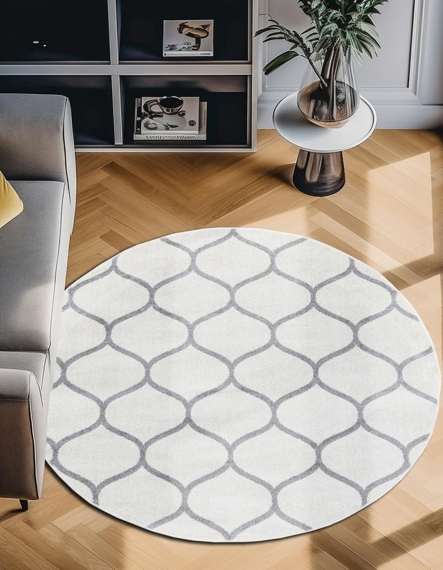 Ivory 7' 10 x 7' 10 Trellis Frieze Round Area Rug Geometric Modern Unique Stain Resistant Easy Clean Carpet for Living, Dining, Bedrooms, Office for Sale at Rug Engine