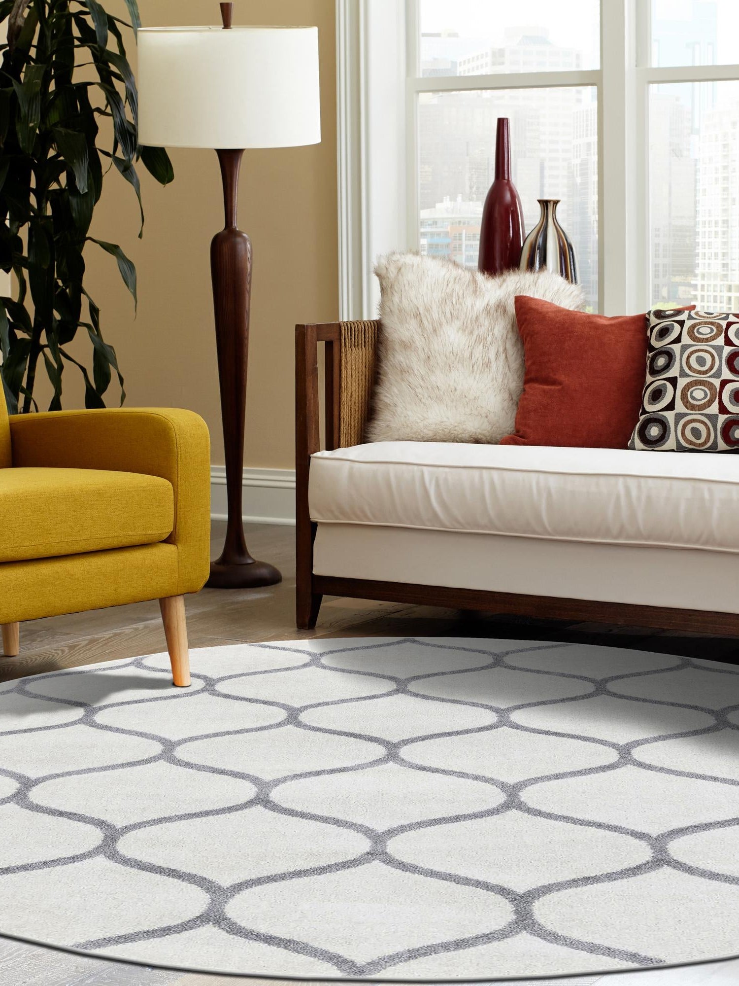 Ivory 7' 1 x 7' 1 Trellis Frieze Round Area Rug Geometric Modern Unique Stain Resistant Easy Clean Carpet for Living, Dining, Bedrooms, Office for Sale at Rug Engine