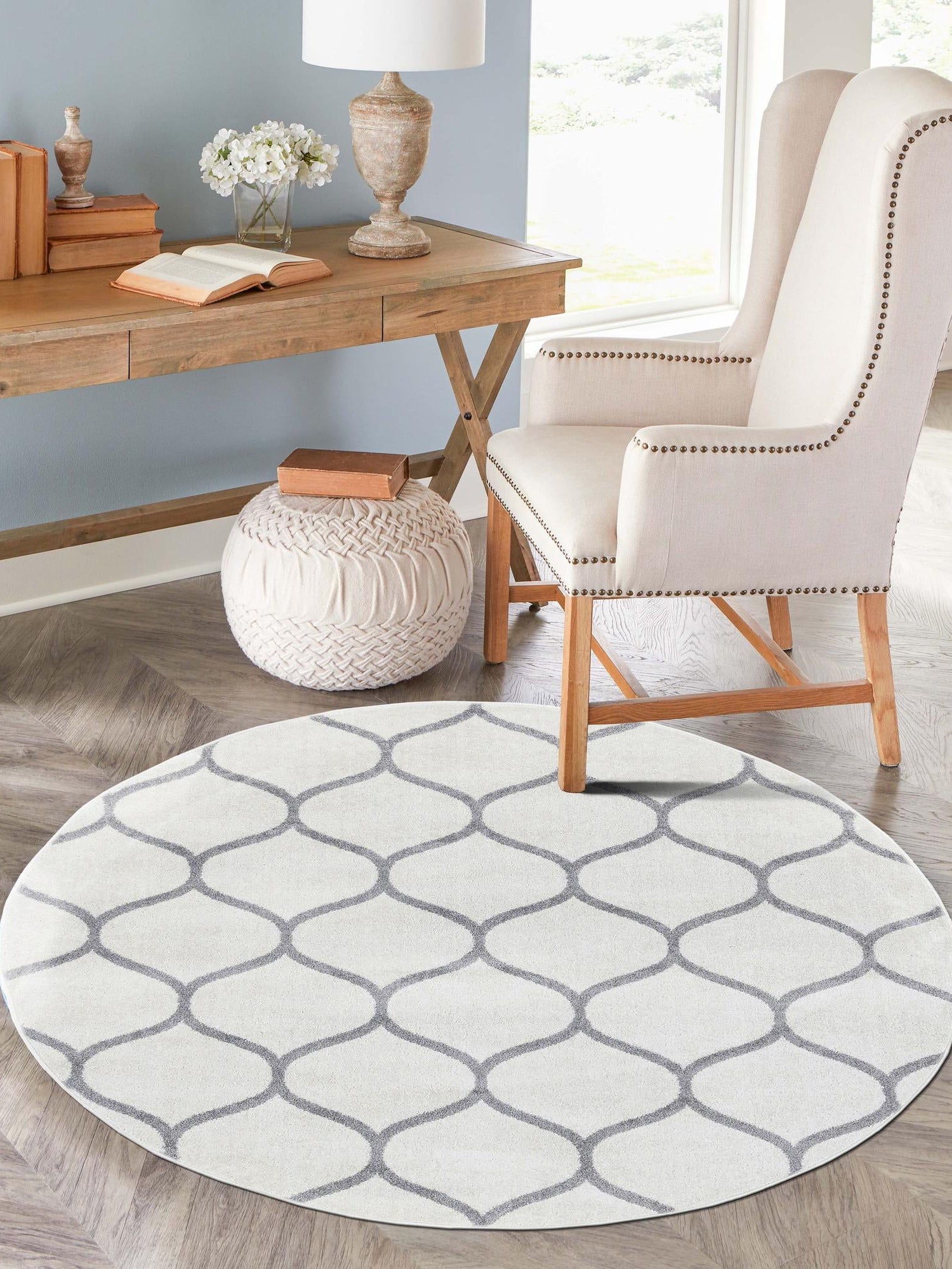 Ivory 7' 1 x 7' 1 Trellis Frieze Round Area Rug Geometric Modern Unique Stain Resistant Easy Clean Carpet for Living, Dining, Bedrooms, Office for Sale at Rug Engine