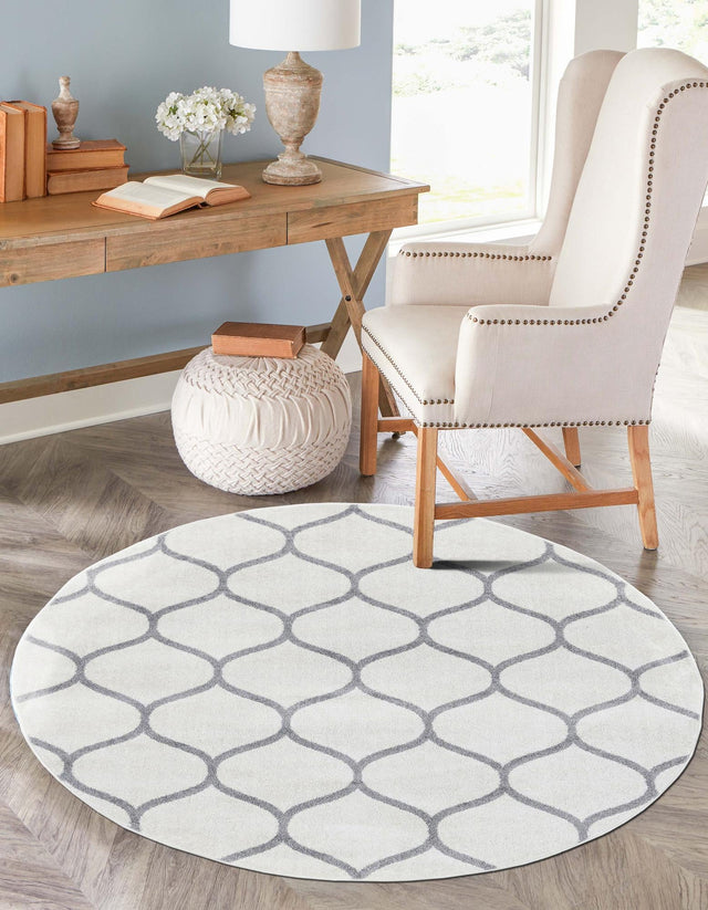 Ivory 4' 1 x 4' 1 Trellis Frieze Round Area Rug Geometric Modern Unique Stain Resistant Easy Clean Carpet for Living, Dining, Bedrooms, Office for Sale at Rug Engine