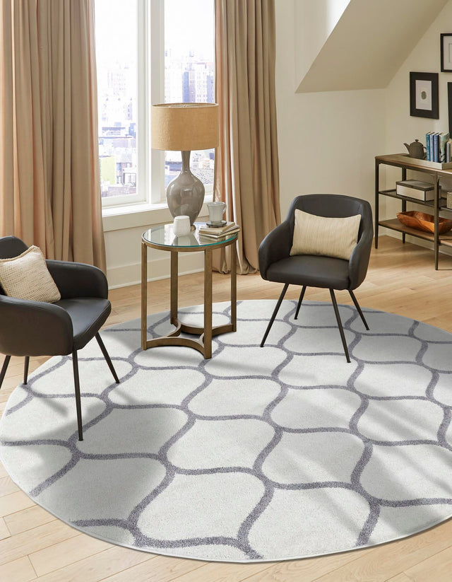 Ivory 5' 3 x 5' 3 Trellis Frieze Round Area Rug Geometric Modern Unique Stain Resistant Easy Clean Carpet for Living, Dining, Bedrooms, Office for Sale at Rug Engine