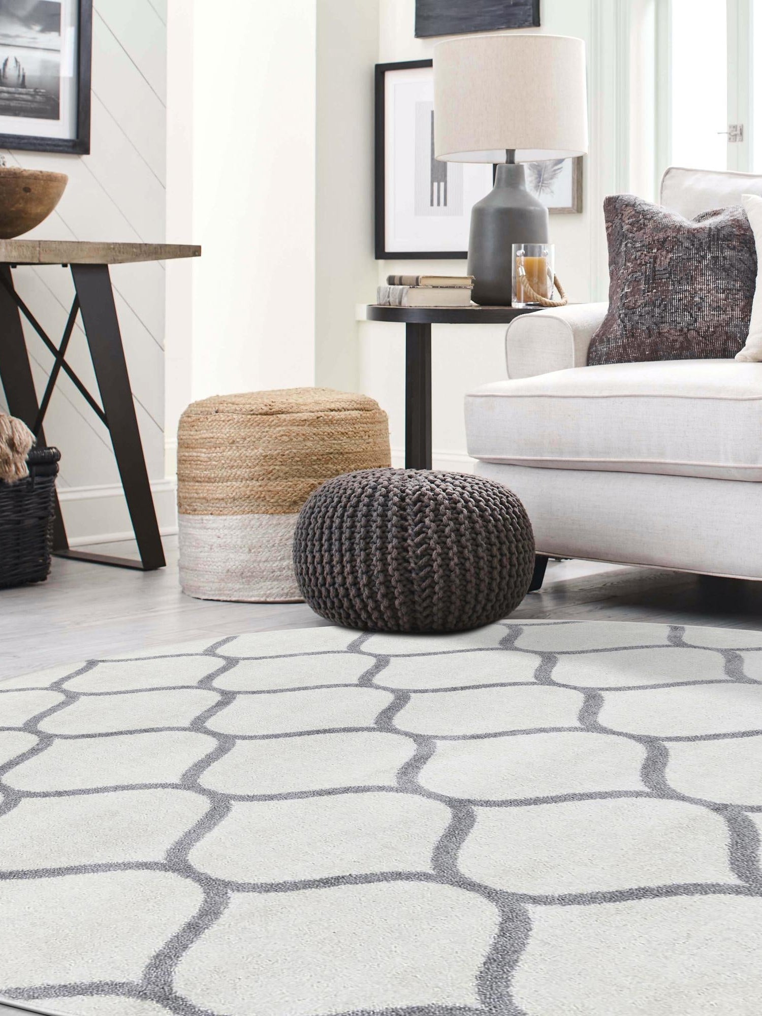 Ivory 4' 1 x 4' 1 Trellis Frieze Round Area Rug Geometric Modern Unique Stain Resistant Easy Clean Carpet for Living, Dining, Bedrooms, Office for Sale at Rug Engine