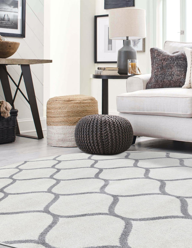 Ivory 7' 10 x 7' 10 Trellis Frieze Round Area Rug Geometric Modern Unique Stain Resistant Easy Clean Carpet for Living, Dining, Bedrooms, Office for Sale at Rug Engine