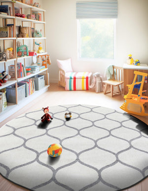 Ivory 6' 1 x 6' 1 Trellis Frieze Round Area Rug Geometric Modern Unique Stain Resistant Easy Clean Carpet for Living, Dining, Bedrooms, Office for Sale at Rug Engine