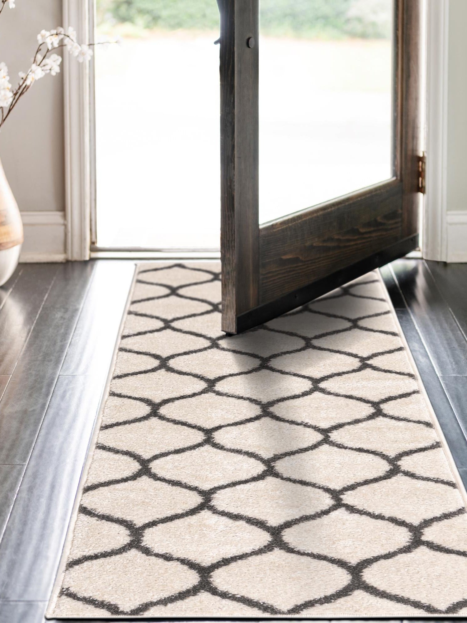 Ivory 2' x 10' Trellis Frieze Runner Area Rug Geometric Modern Unique Stain Resistant Easy Clean Carpet for Living, Dining, Bedrooms, Office for Sale at Rug Engine
