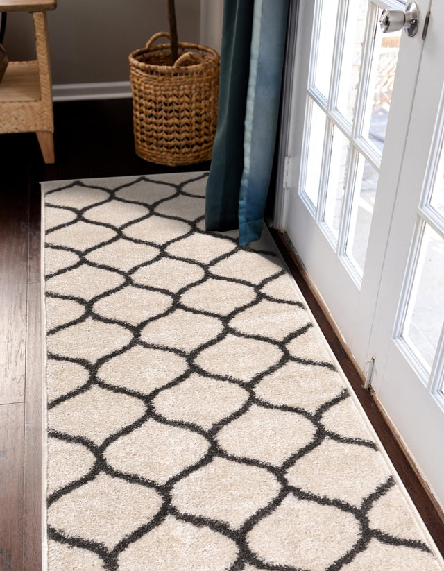 Ivory 2' x 10' Trellis Frieze Runner Area Rug Geometric Modern Unique Stain Resistant Easy Clean Carpet for Living, Dining, Bedrooms, Office for Sale at Rug Engine