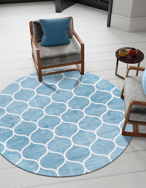Light Blue 7' 10 x 7' 10 Trellis Frieze Round Area Rug Geometric Modern Unique Stain Resistant Easy Clean Carpet for Living, Dining, Bedrooms, Office for Sale at Rug Engine