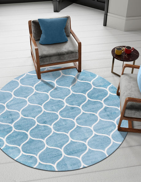 Light Blue 7' 10 x 7' 10 Trellis Frieze Round Area Rug Geometric Modern Unique Stain Resistant Easy Clean Carpet for Living, Dining, Bedrooms, Office for Sale at Rug Engine