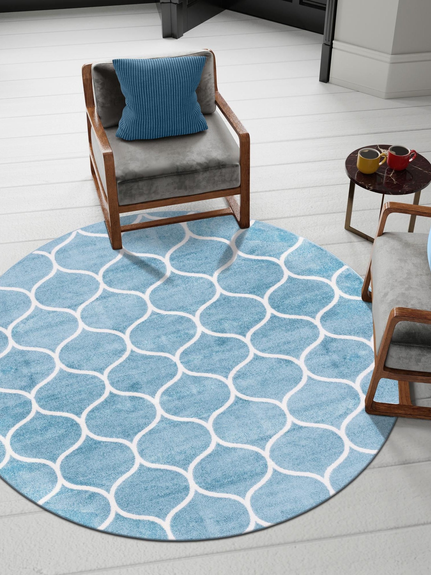 Light Blue 4' 1 x 4' 1 Trellis Frieze Round Area Rug Geometric Modern Unique Stain Resistant Easy Clean Carpet for Living, Dining, Bedrooms, Office for Sale at Rug Engine