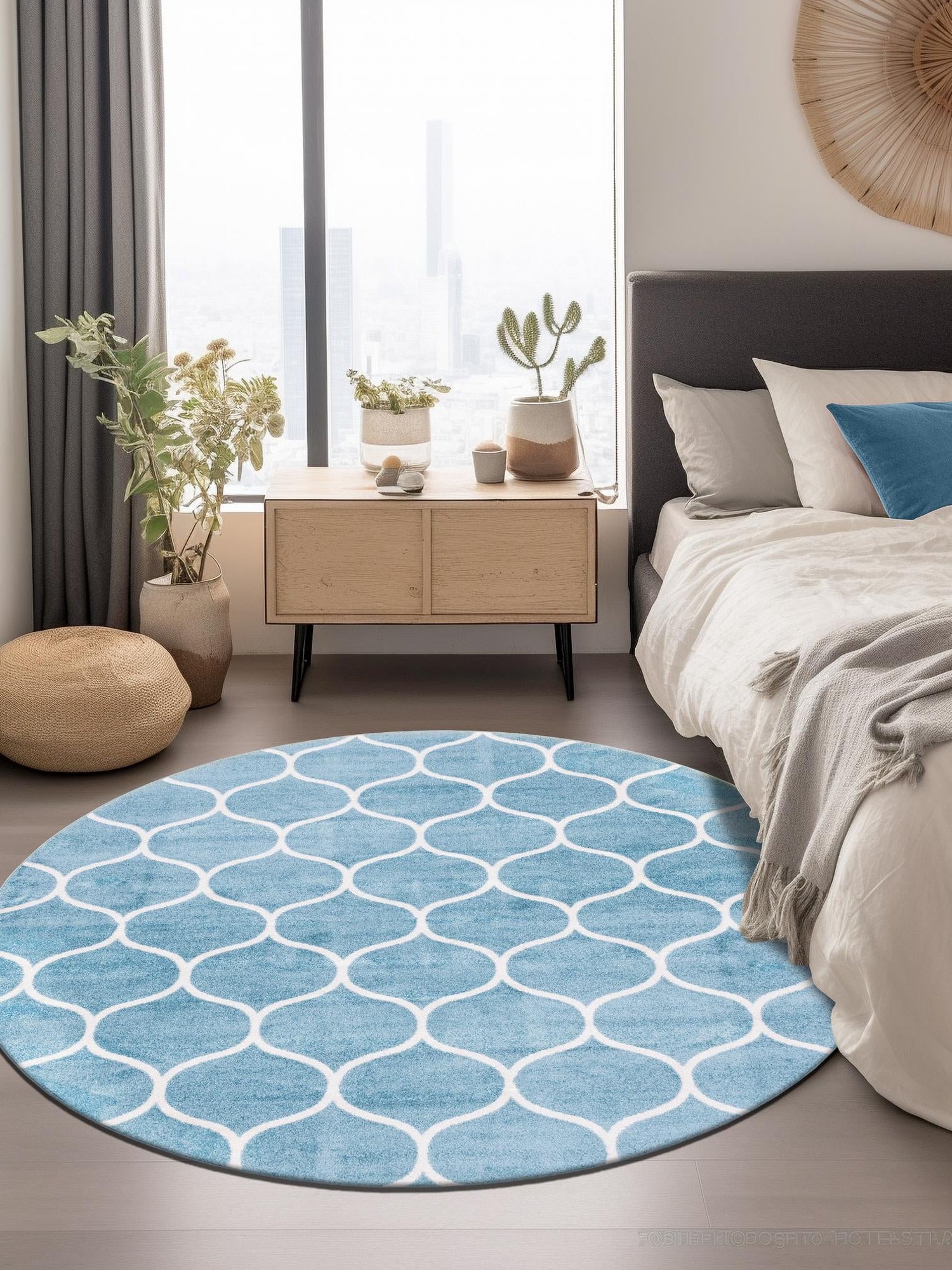 Light Blue 4' 1 x 4' 1 Trellis Frieze Round Area Rug Geometric Modern Unique Stain Resistant Easy Clean Carpet for Living, Dining, Bedrooms, Office for Sale at Rug Engine