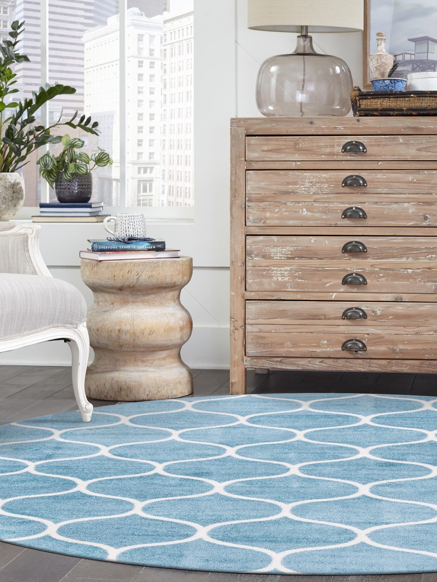 Light Blue 4' 1 x 4' 1 Trellis Frieze Round Area Rug Geometric Modern Unique Stain Resistant Easy Clean Carpet for Living, Dining, Bedrooms, Office for Sale at Rug Engine