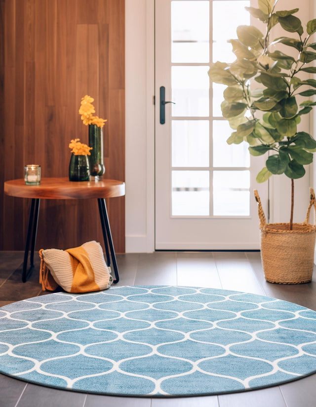 Light Blue 7' 10 x 7' 10 Trellis Frieze Round Area Rug Geometric Modern Unique Stain Resistant Easy Clean Carpet for Living, Dining, Bedrooms, Office for Sale at Rug Engine