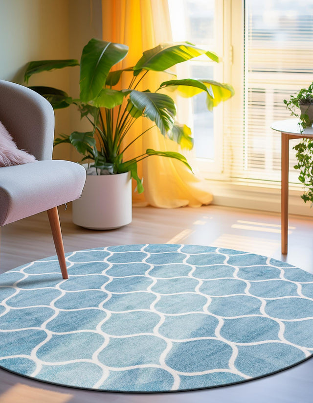 Light Blue 7' 10 x 7' 10 Trellis Frieze Round Area Rug Geometric Modern Unique Stain Resistant Easy Clean Carpet for Living, Dining, Bedrooms, Office for Sale at Rug Engine