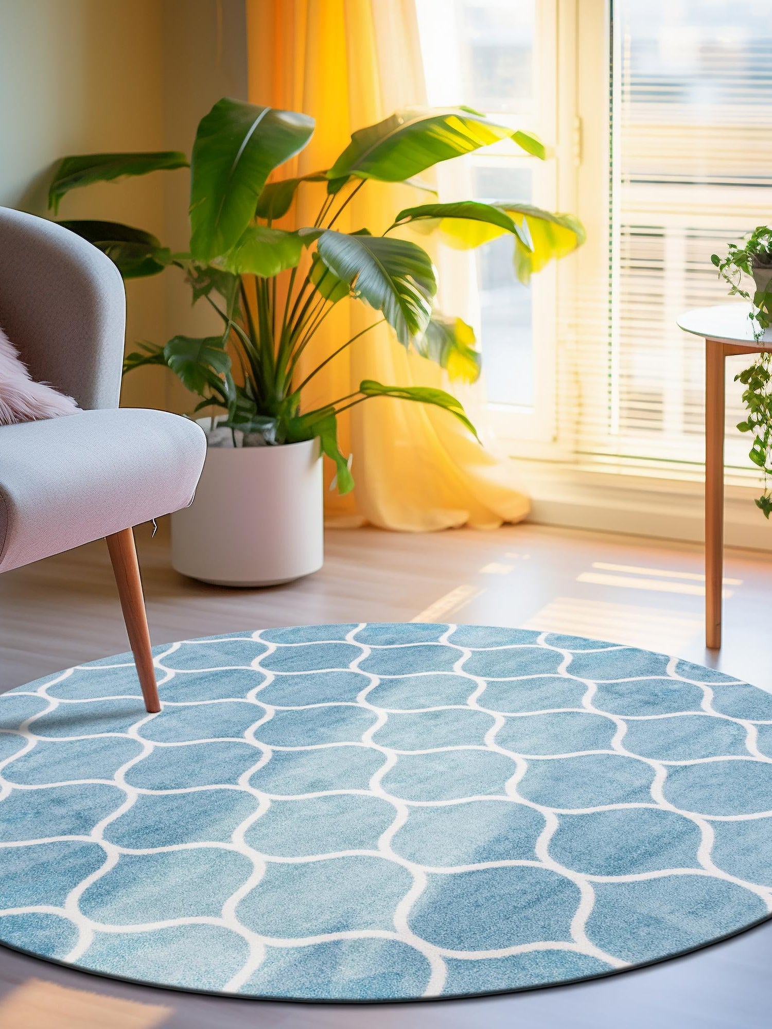 Light Blue 4' 1 x 4' 1 Trellis Frieze Round Area Rug Geometric Modern Unique Stain Resistant Easy Clean Carpet for Living, Dining, Bedrooms, Office for Sale at Rug Engine