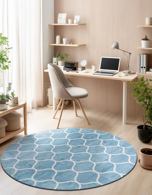 Light Blue 4' 1 x 4' 1 Trellis Frieze Round Area Rug Geometric Modern Unique Stain Resistant Easy Clean Carpet for Living, Dining, Bedrooms, Office for Sale at Rug Engine