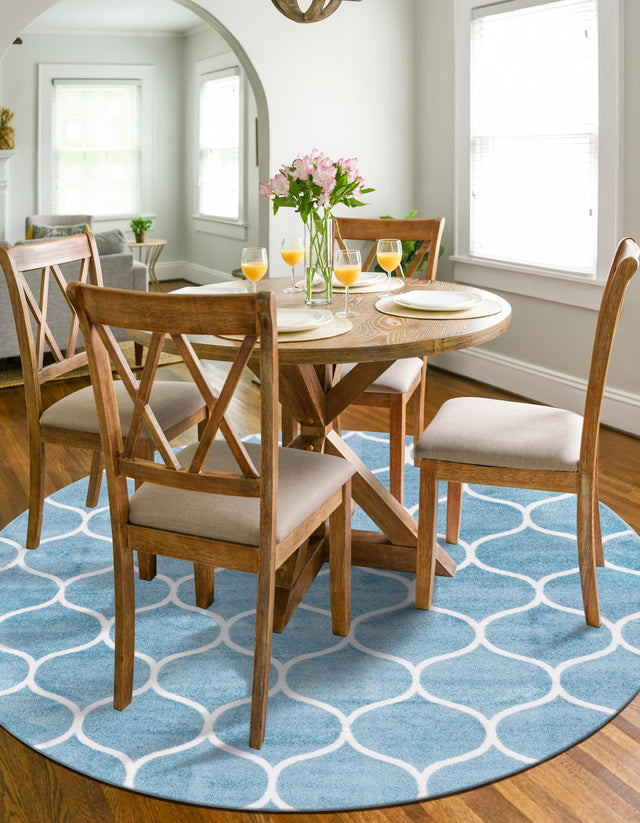 Light Blue 4' 1 x 4' 1 Trellis Frieze Round Area Rug Geometric Modern Unique Stain Resistant Easy Clean Carpet for Living, Dining, Bedrooms, Office for Sale at Rug Engine