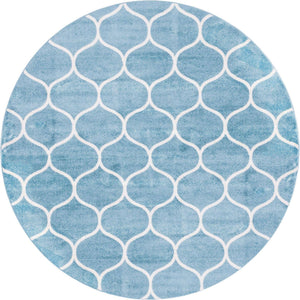 Light Blue 4' 1 x 4' 1 Trellis Frieze Round Area Rug Geometric Modern Unique Stain Resistant Easy Clean Carpet for Living, Dining, Bedrooms, Office for Sale at Rug Engine
