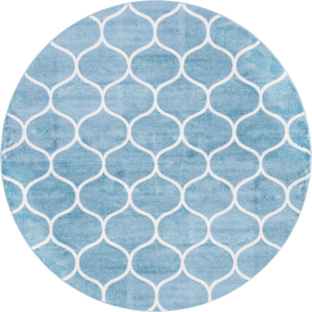 Light Blue 4' 1 x 4' 1 Trellis Frieze Round Area Rug Geometric Modern Unique Stain Resistant Easy Clean Carpet for Living, Dining, Bedrooms, Office for Sale at Rug Engine