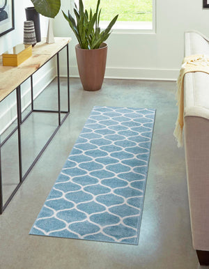 Light Blue 2' x 6' 1 Trellis Frieze Runner Area Rug Geometric Modern Unique Stain Resistant Easy Clean Carpet for Living, Dining, Bedrooms, Office for Sale at Rug Engine