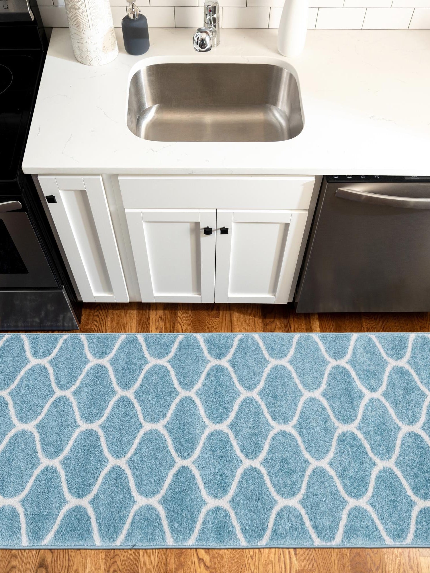 Light Blue 2' x 6' 1 Trellis Frieze Runner Area Rug Geometric Modern Unique Stain Resistant Easy Clean Carpet for Living, Dining, Bedrooms, Office for Sale at Rug Engine