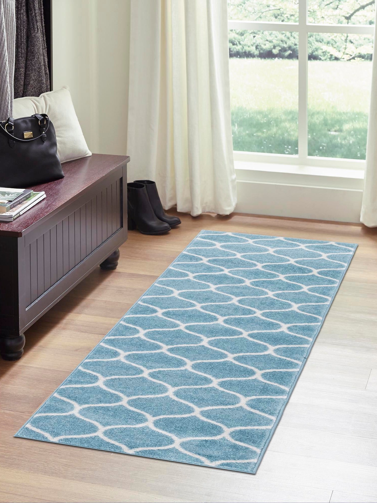 Light Blue 2' x 6' 1 Trellis Frieze Runner Area Rug Geometric Modern Unique Stain Resistant Easy Clean Carpet for Living, Dining, Bedrooms, Office for Sale at Rug Engine