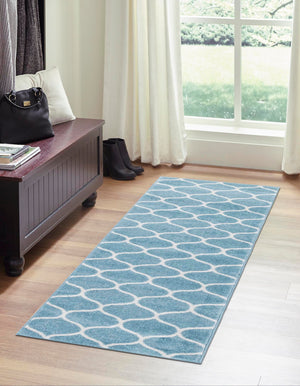 Light Blue 2' x 6' 1 Trellis Frieze Runner Area Rug Geometric Modern Unique Stain Resistant Easy Clean Carpet for Living, Dining, Bedrooms, Office for Sale at Rug Engine