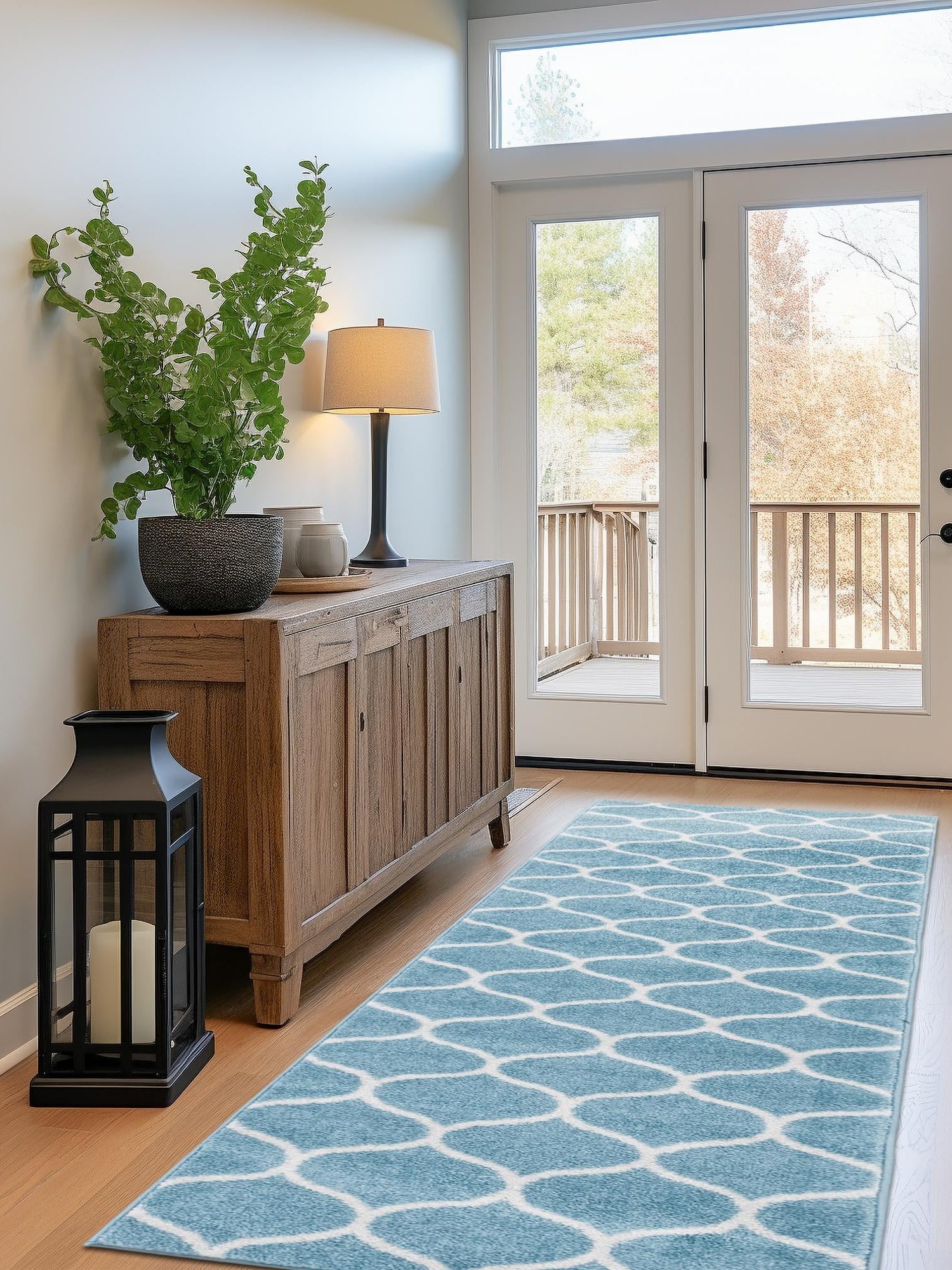 Light Blue 2' x 6' 1 Trellis Frieze Runner Area Rug Geometric Modern Unique Stain Resistant Easy Clean Carpet for Living, Dining, Bedrooms, Office for Sale at Rug Engine