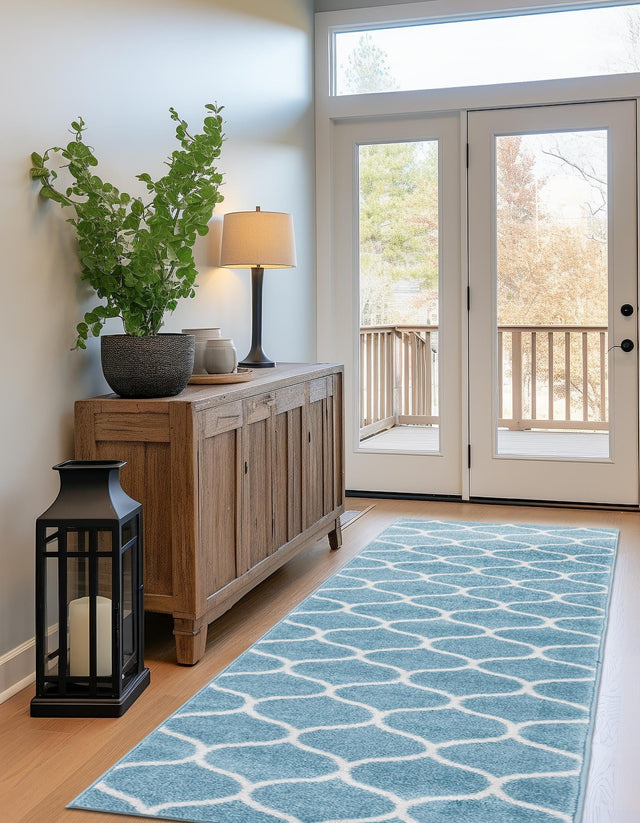 Light Blue 2' x 6' 1 Trellis Frieze Runner Area Rug Geometric Modern Unique Stain Resistant Easy Clean Carpet for Living, Dining, Bedrooms, Office for Sale at Rug Engine