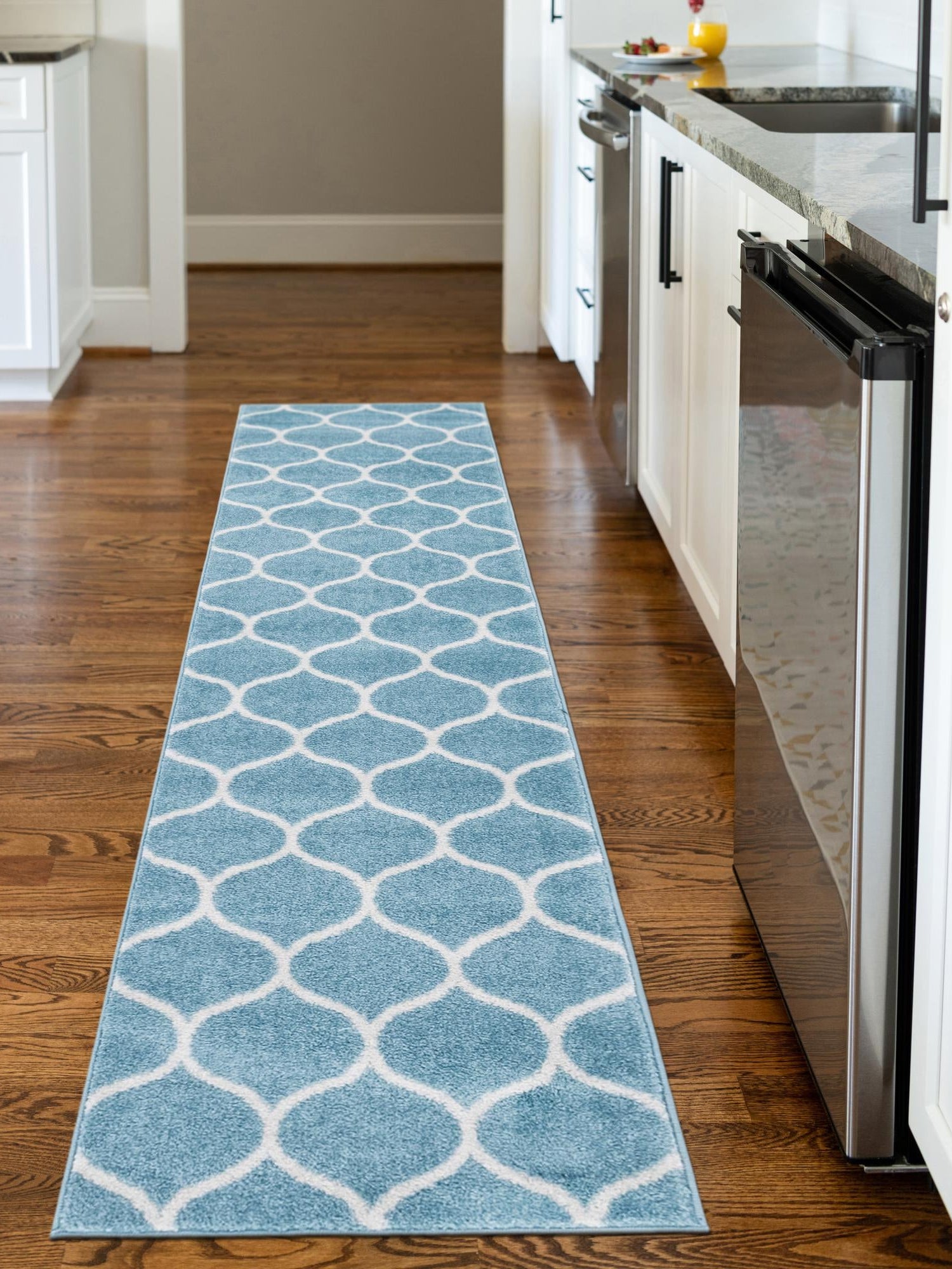 Light Blue 2' x 6' 1 Trellis Frieze Runner Area Rug Geometric Modern Unique Stain Resistant Easy Clean Carpet for Living, Dining, Bedrooms, Office for Sale at Rug Engine