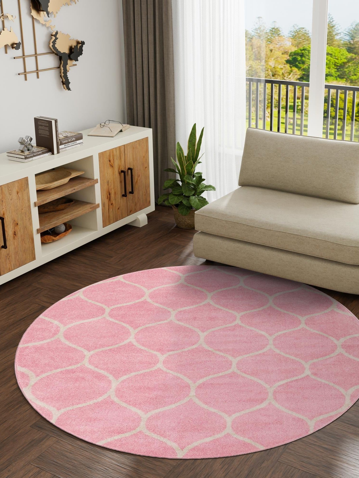 Light Pink 7' 1 x 7' 1 Trellis Frieze Round Area Rug Geometric Modern Unique Stain Resistant Easy Clean Carpet for Living, Dining, Bedrooms, Office for Sale at Rug Engine