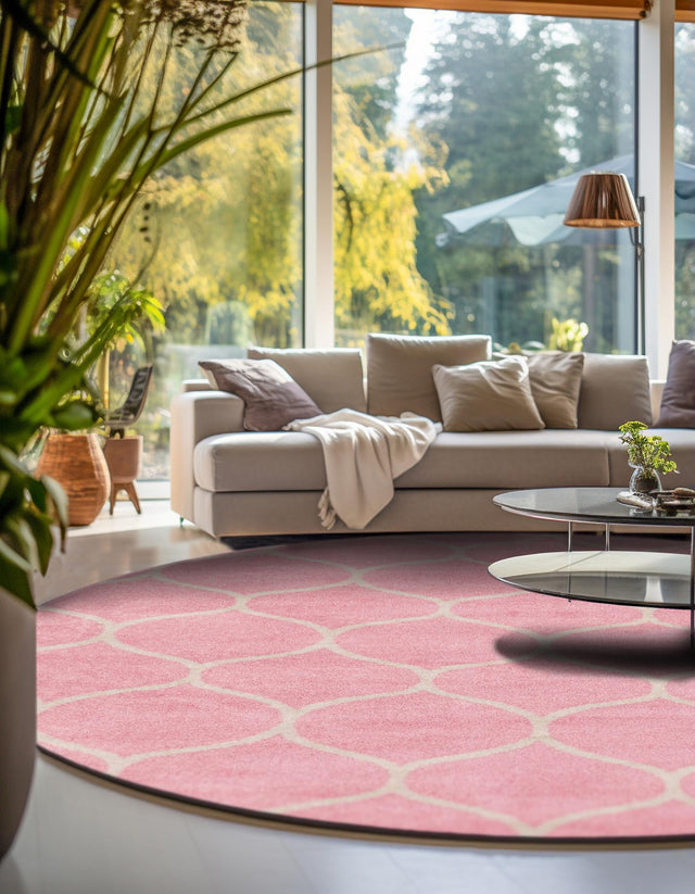 Light Pink 7' 1 x 7' 1 Trellis Frieze Round Area Rug Geometric Modern Unique Stain Resistant Easy Clean Carpet for Living, Dining, Bedrooms, Office for Sale at Rug Engine