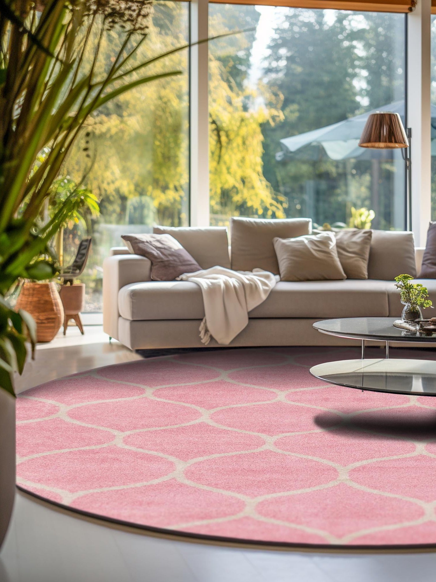 Light Pink 3' 1 x 3' 1 Trellis Frieze Round Area Rug Geometric Modern Unique Stain Resistant Easy Clean Carpet for Living, Dining, Bedrooms, Office for Sale at Rug Engine