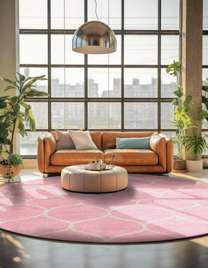 Light Pink 7' 1 x 7' 1 Trellis Frieze Round Area Rug Geometric Modern Unique Stain Resistant Easy Clean Carpet for Living, Dining, Bedrooms, Office for Sale at Rug Engine