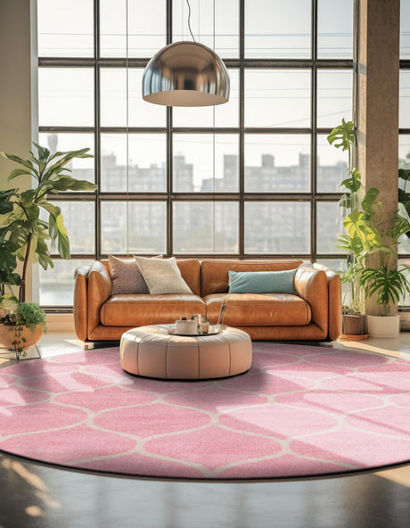 Light Pink 7' 1 x 7' 1 Trellis Frieze Round Area Rug Geometric Modern Unique Stain Resistant Easy Clean Carpet for Living, Dining, Bedrooms, Office for Sale at Rug Engine