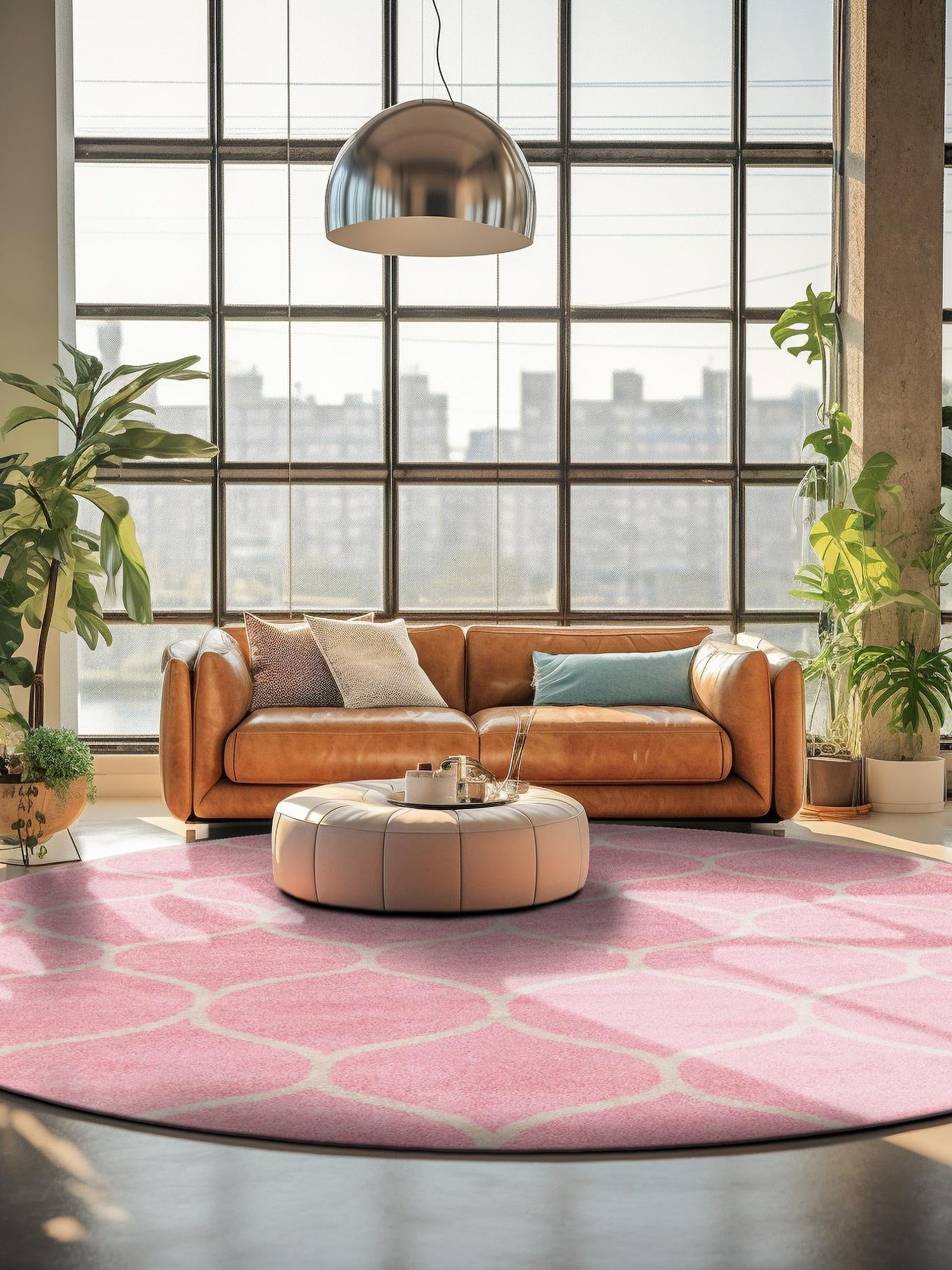 Light Pink 7' 10 x 7' 10 Trellis Frieze Round Area Rug Geometric Modern Unique Stain Resistant Easy Clean Carpet for Living, Dining, Bedrooms, Office for Sale at Rug Engine