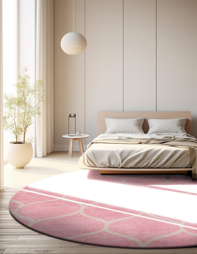 Light Pink 4' 1 x 4' 1 Trellis Frieze Round Area Rug Geometric Modern Unique Stain Resistant Easy Clean Carpet for Living, Dining, Bedrooms, Office for Sale at Rug Engine